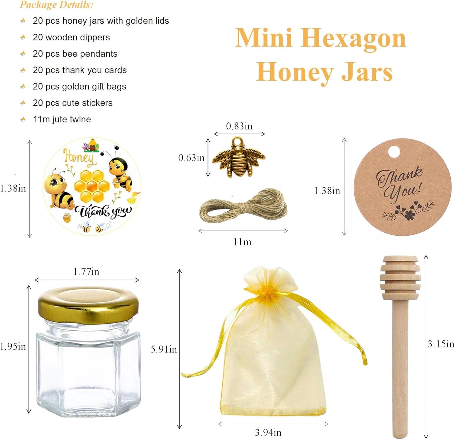 IIKUM 20 Pack Glass Honey Jars, 1.5 oz Hexagon Honey Pots with Lids, Wooden Dippers, Bee Pendants, Gift Bags, Thank You Cards, Jutes and Stickers-Ideal Gift for Baby Shower, Wedding and Party Favors