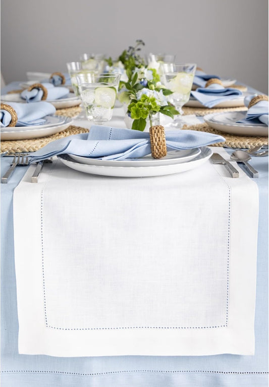 Solino Home Linen White Table Runner 120 Inches Long - 100% Pure Linen Hemstitch 14 x 120 Inch Table Runner for Dining, Fall, Autumn, Halloween, Thanksgiving, Holiday - Classic Hemstitch