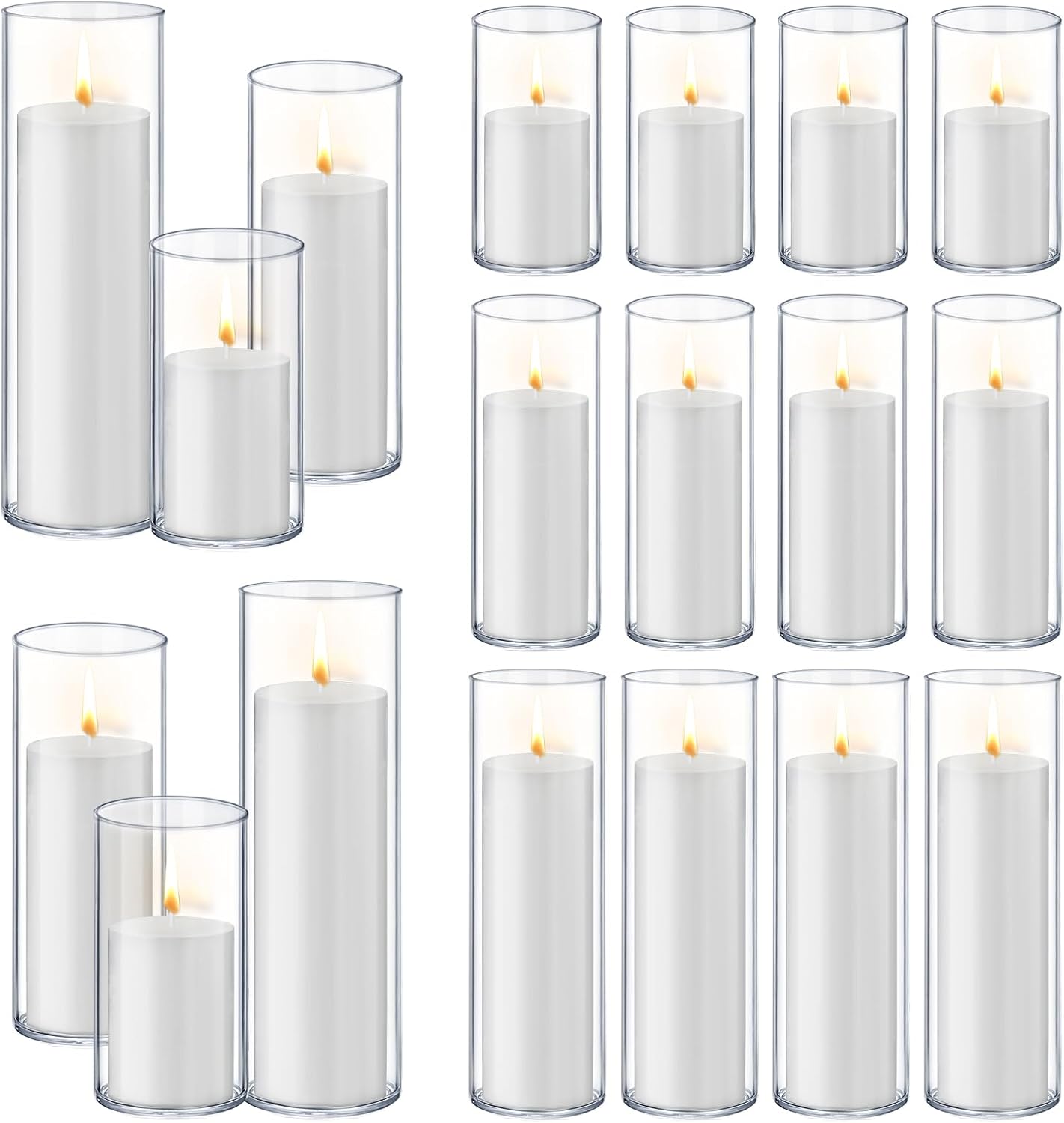 36 PCS White Pillar Candles with Glass Candle Holders Clear Hurricane Candle Holders Glass Cylinder Vases for Centerpieces Wedding Party, Event, Home Office (18 Candles+18 Candle Hoders)