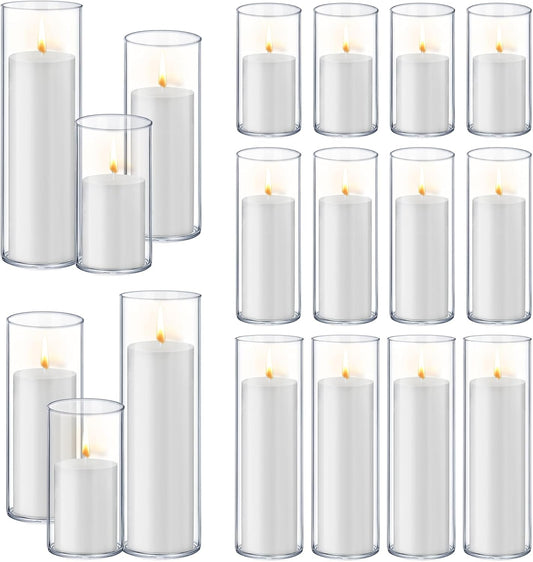 36 PCS White Pillar Candles with Glass Candle Holders Clear Hurricane Candle Holders Glass Cylinder Vases for Centerpieces Wedding Party, Event, Home Office (18 Candles+18 Candle Hoders)