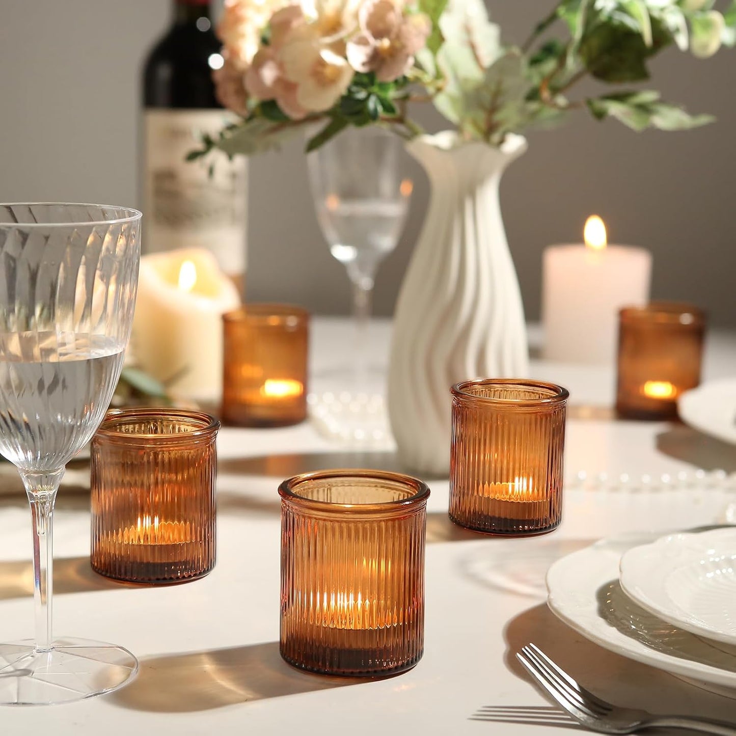 36pcs Amber Votive Candle Holders - Fall Decor, Ribbed Glass Tea Light Candle Holder, Candle Votives for Wedding Centerpiece & Home Decor