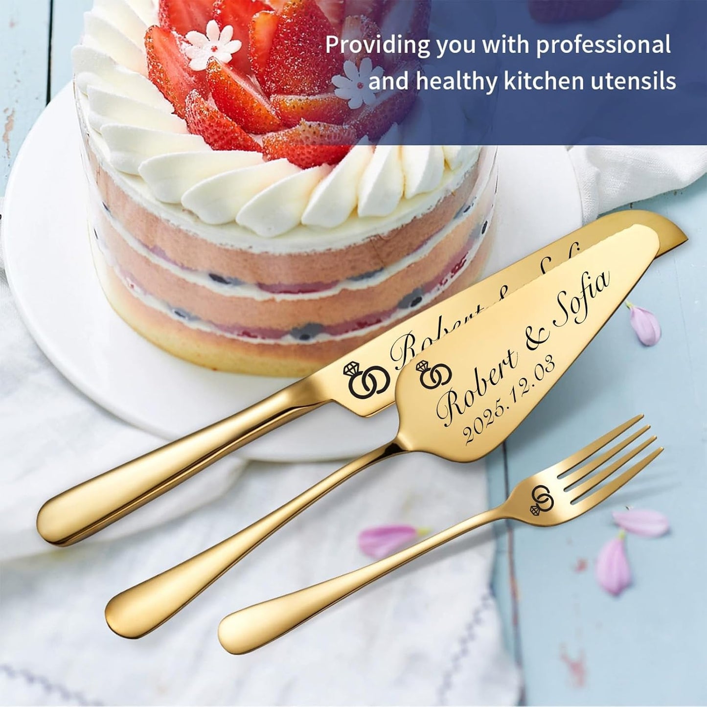 Personalized Wedding Cake Knife and Server Set, Custom Gold/Silver Cake Cutting Set for Wedding, 4 Pieces Set with Forks for Engagements, Anniversaries, Bride and Groom (Gold)