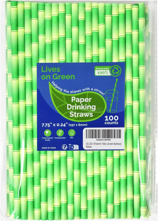Paper Straws for Drinking Green Bamboo, 7.75" x 0.24" - for Cocktail, Juice, Iced Tea, 100% Biodegradable