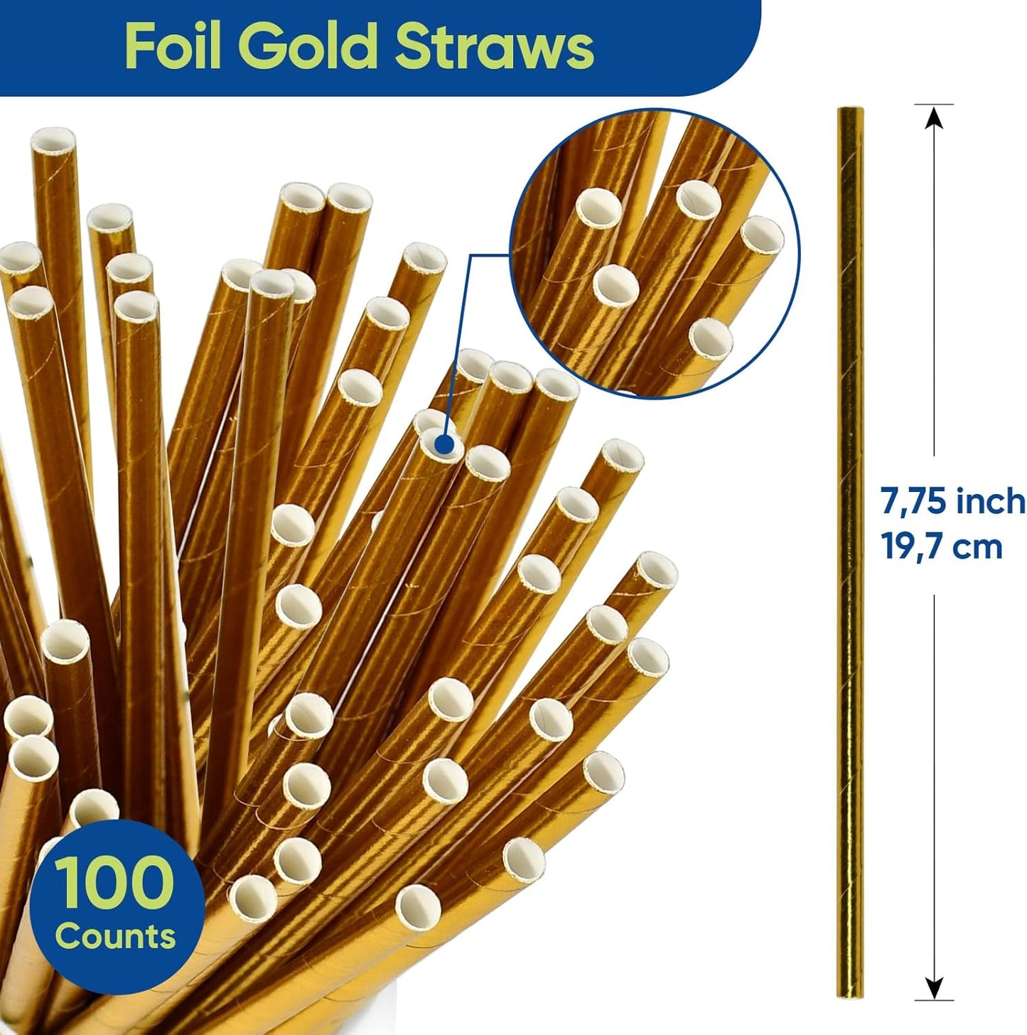 7.75 inch Compostable Gold Paper Straws 100 Counts - for Drinking, Cocktails, Party, Wedding, Decoration