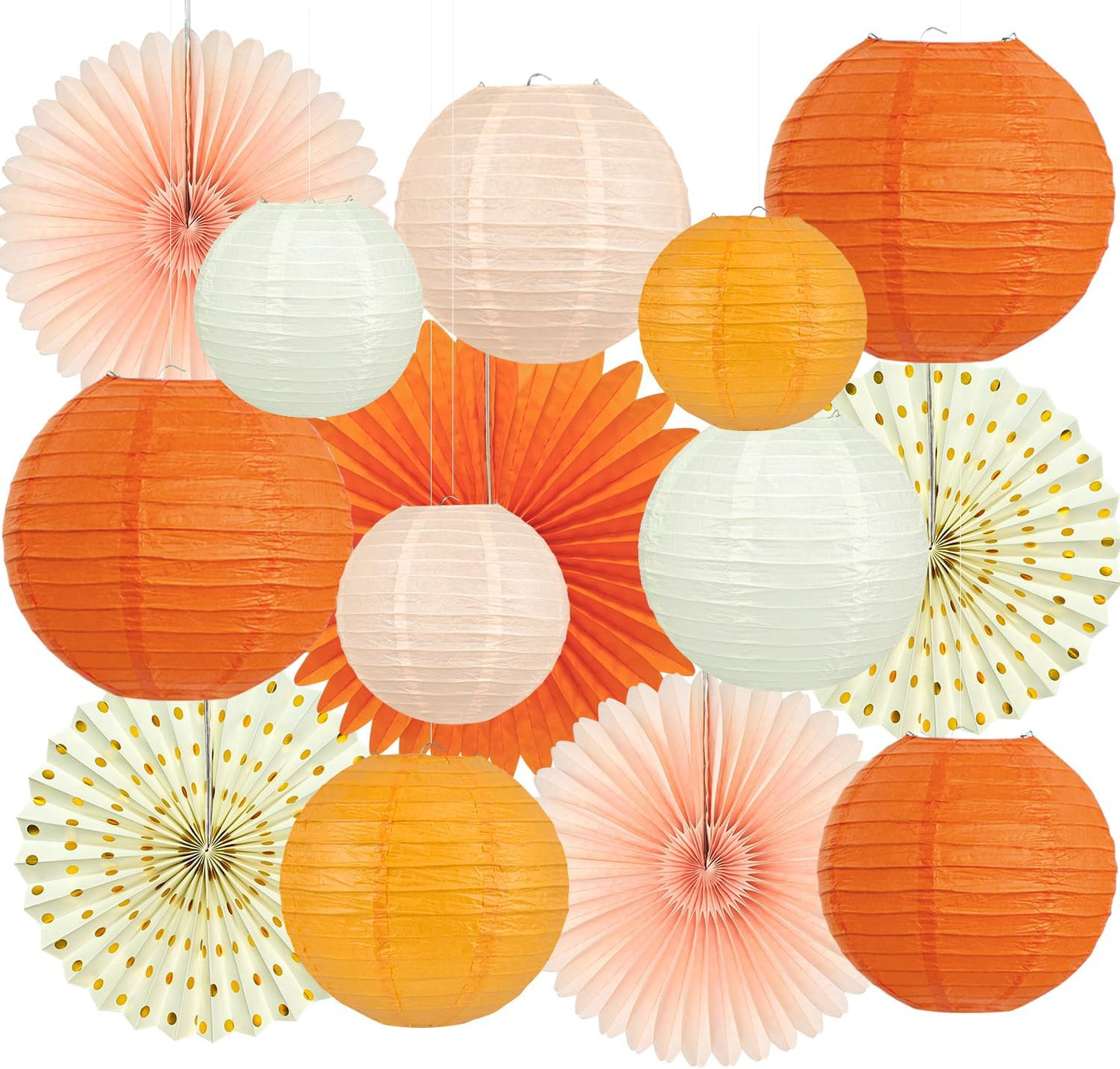 15Pcs Autumn Pink and Orange Party Decorations, Hanging Orange Paper Lanterns Honeycomb Paper Fans Triangle Flag Banner for Girls Women Baby Shower One Sweet Peach Birthday Thanksgiving Party Decor