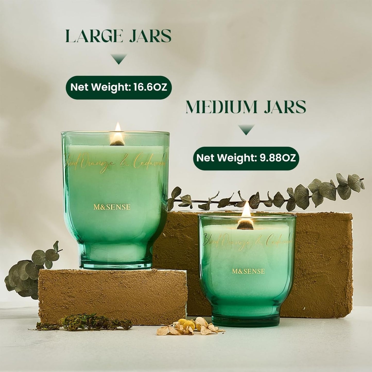 M&SENSE 16.6oz Natural Soy Large Jar Candle with Wooden Wick | Blood Orange & Cedarwood Scent | 95-Hour Burn & Long-Lasting Burn | Housewarming Gift for Men and Women