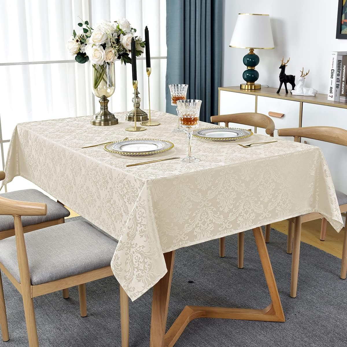 SASTYBALE Jacquard Tablecloth Rectangle 60 x 102 Inch Beige, Spill Proof Washable Damask Table Cloth, Soft Polyester Table Cover for Kitchen Dining Room, Parties, Indoor, Outdoor (Off White, Oblong)