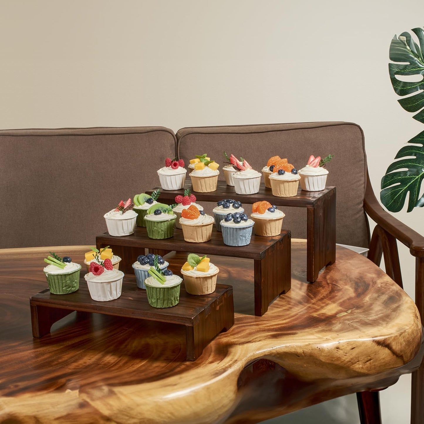 Set of 3 Wooden Rustic Cupcake Stand for 24 Cupcakes, Stepped Wood Display Stand for Weddings, Tiered Party Buffet Table Display Nesting Riser for Food , Dessert, Cookie, Craft Show, Brown