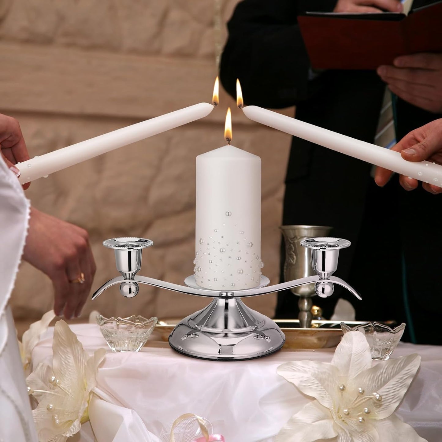 Irenare Unity Candles with Holder for Wedding Ceremony Wedding Decortions Accessories Glass Candle Holder Pillar Candle for Formal Events Church(Pearl)