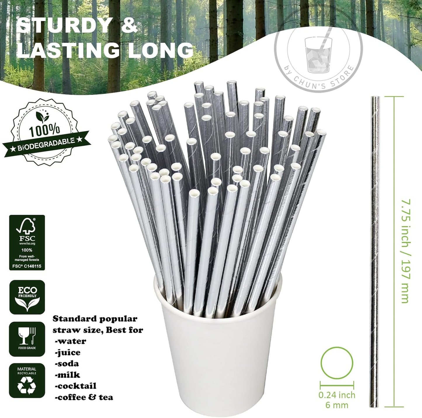 7.75 inch Disposable Silver Paper Straws 1000 Counts - for Drinking, Cocktail, Bar, Restaurant, Party, Wedding