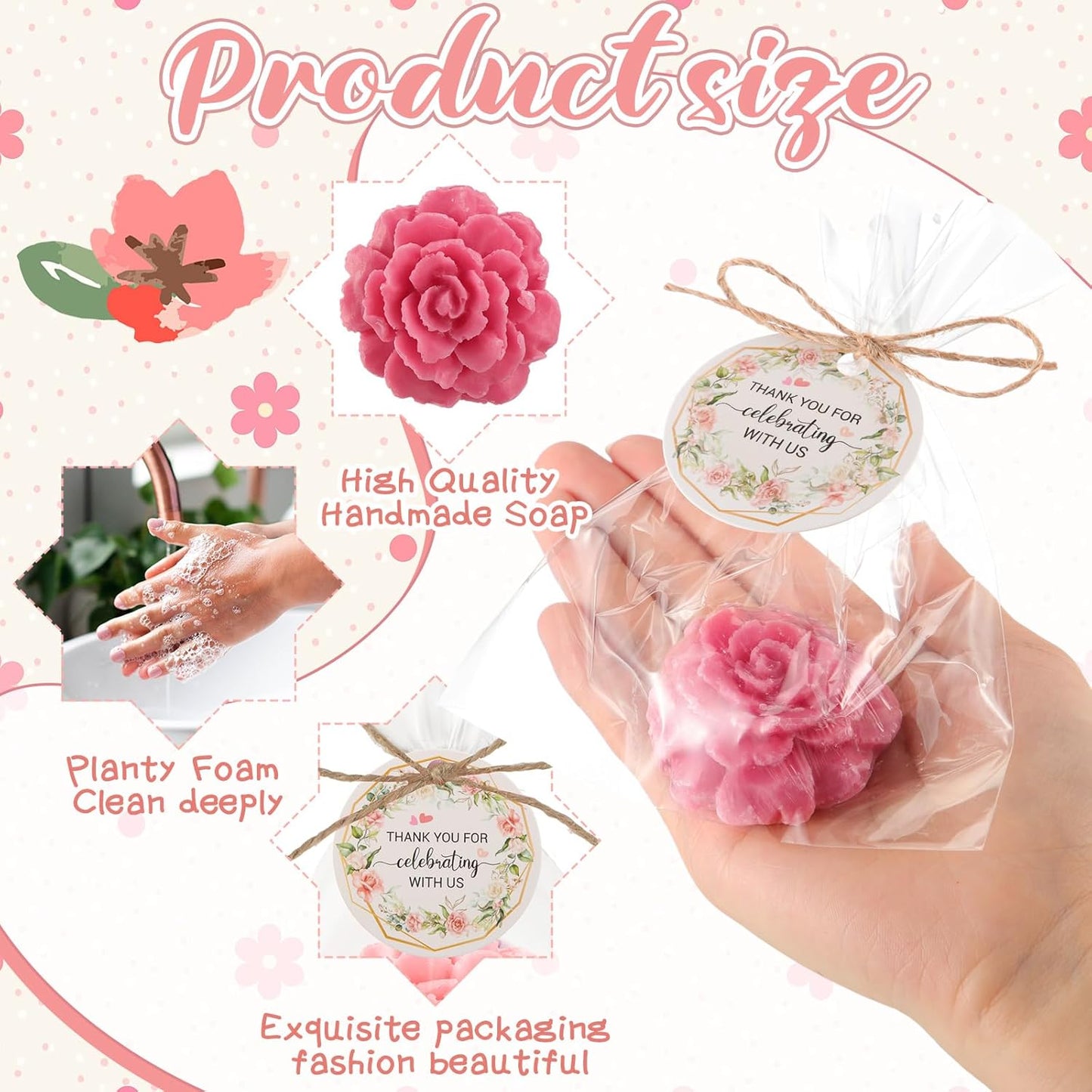 Demissle 20 Set Flower Mini Soaps for Guests Rose Soap Baby Shower Soap Favors with Thank You Tags for Wedding Bridal Guest Gift Party Favor(Dark Pink)