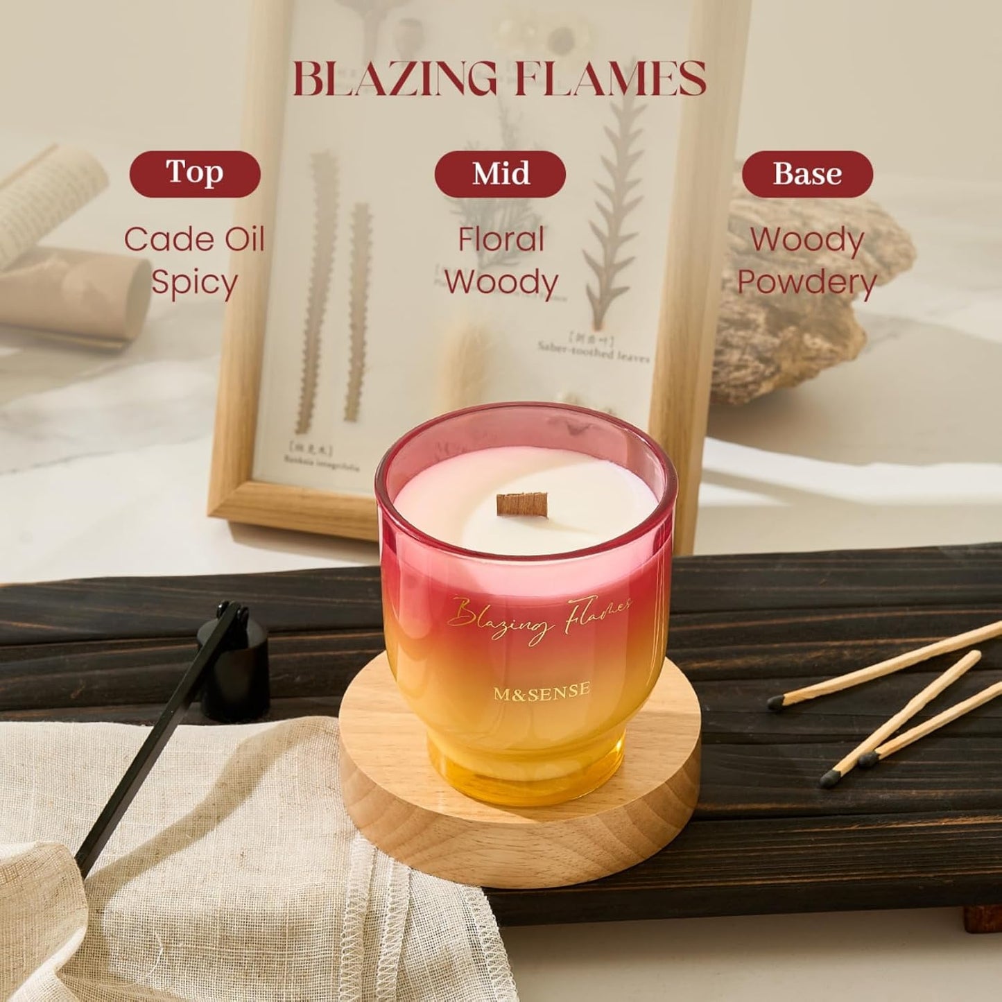 M&SENSE 9.88oz Natural Soy Wax Jar Candle with Wooden Wick | Blazing Flames Scent | 55-Hour Burn & Long-Lasting Burn | Housewarming Gift for Men and Women
