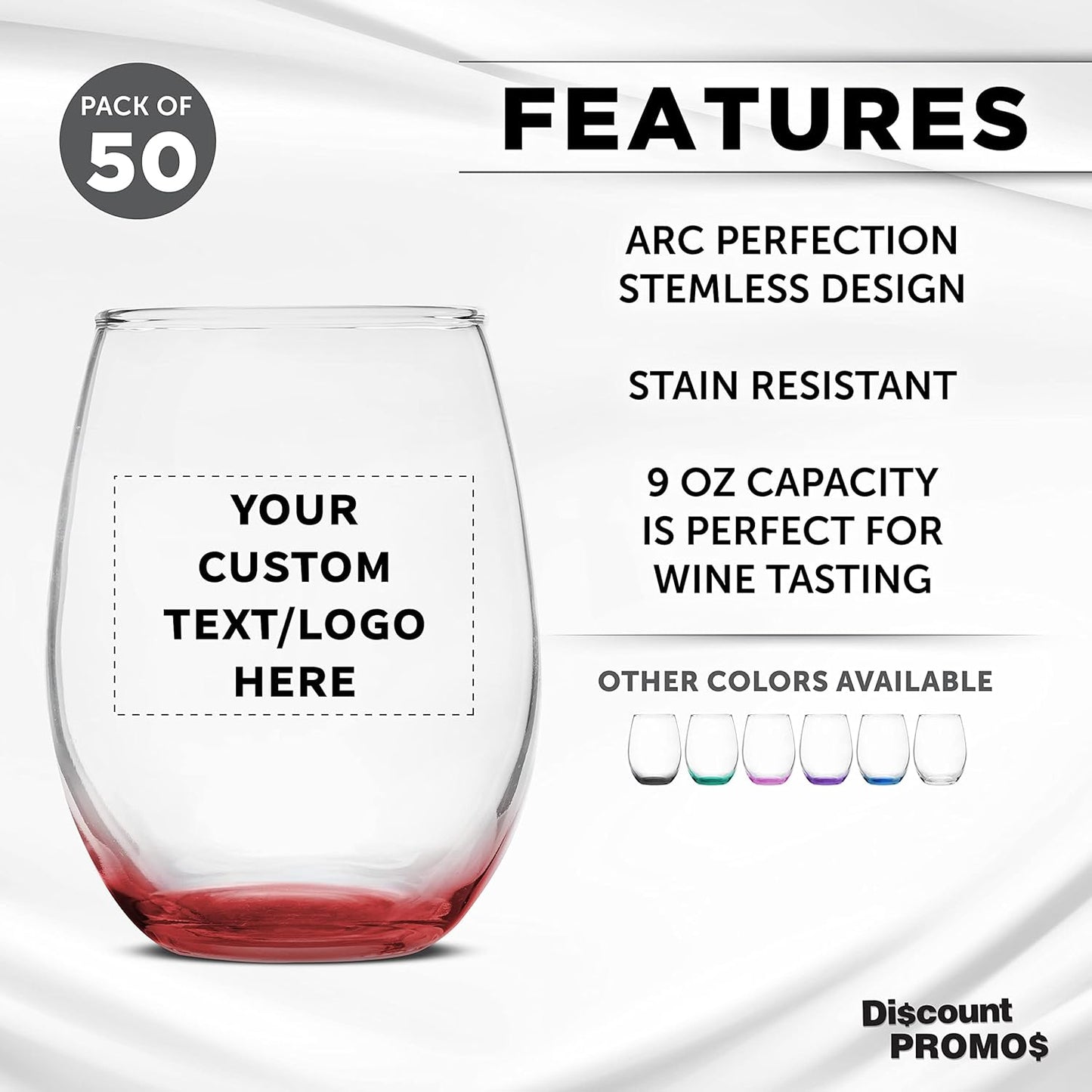Custom Stemless Wine Glass 9 oz. Set of 50, Personalized Bulk Pack - Great for Wedding Favors, Bachelorette Party Decorations, Party Favors, Color Bottom - Red