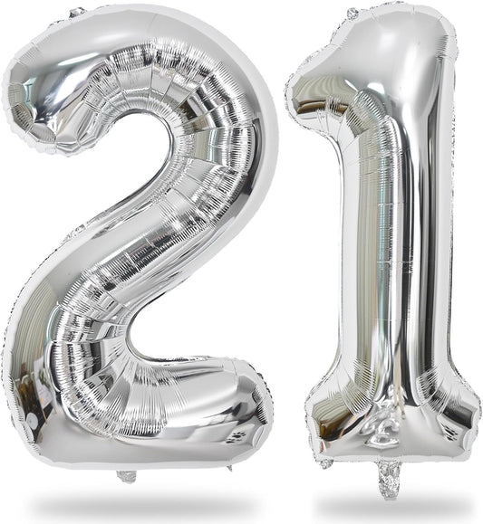 21 Balloons Number, Giant Silver Number 2 & 1 Helium Foil Balloon for Women 21st Birthday Decor, 40 Inch Self Inflating Mylar Number 21 Balloons for Man Anniversary Party Decorations Supplies