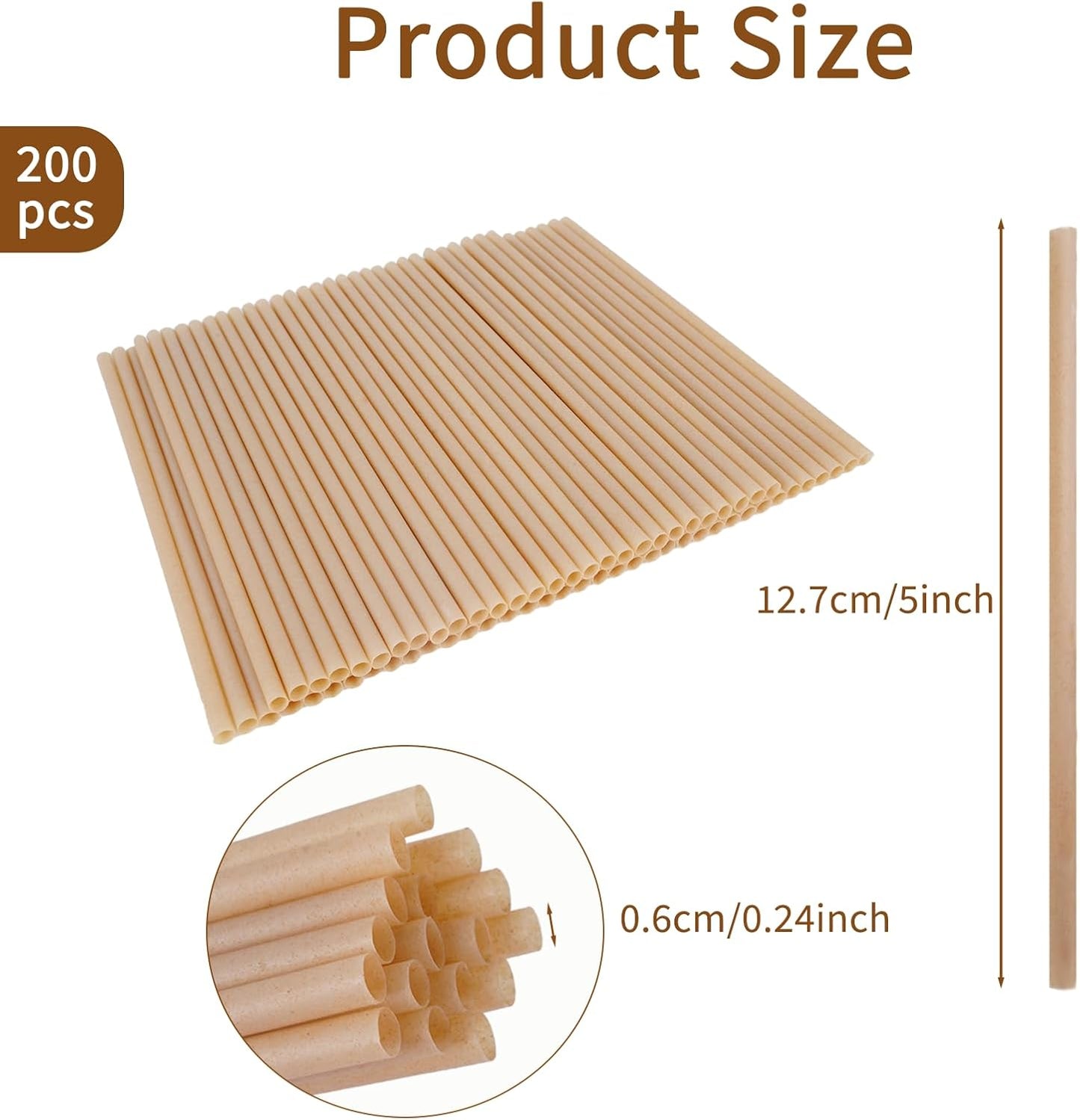 200 Pcs Sugarcane Straws Disposable, 5 In Drinking Agave Long Edible Compostable Biodegradable Cocktail Straws, Natural Brown Juice Coffee Tea Bulk Straw, Sturdy Straw for Drinks Home Restaurant