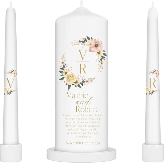 Unity Candles for Wedding, Modern Unity Set, Custom and Personalized Pillar and Taper Candles with Bible Quote, Unscented White Premium Wax, Religious and Wedding Ceremony, Special Events