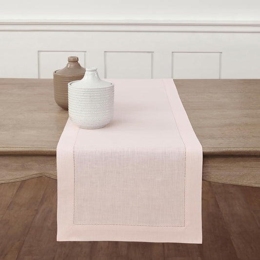 Solino Home Linen Pink Table Runner 72 Inches Long - 100% Pure Linen Hemstitch Table Runner 14 x 72 Inch for Dresser, Dining and Halloween - Classic Hemstitch