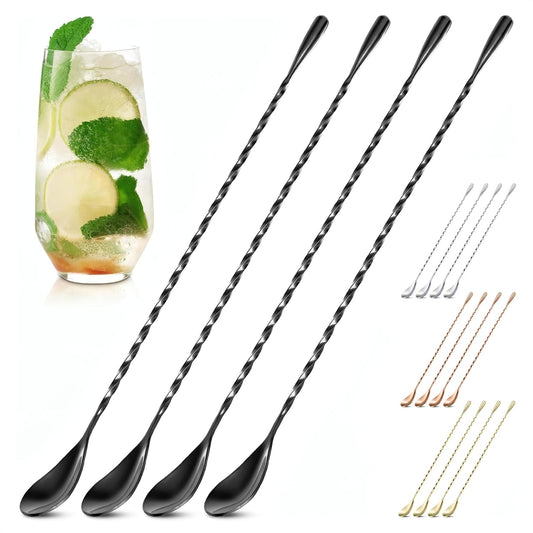 4 Pcs Bar Spoon Cocktail Mixing Spoon Set – 12" Stainless Steel with Twisted Spiral Handle Stirring Spoons, Good for Cocktails, Iced Tea, & Drink Mixing Lovers | Caviar Spoons