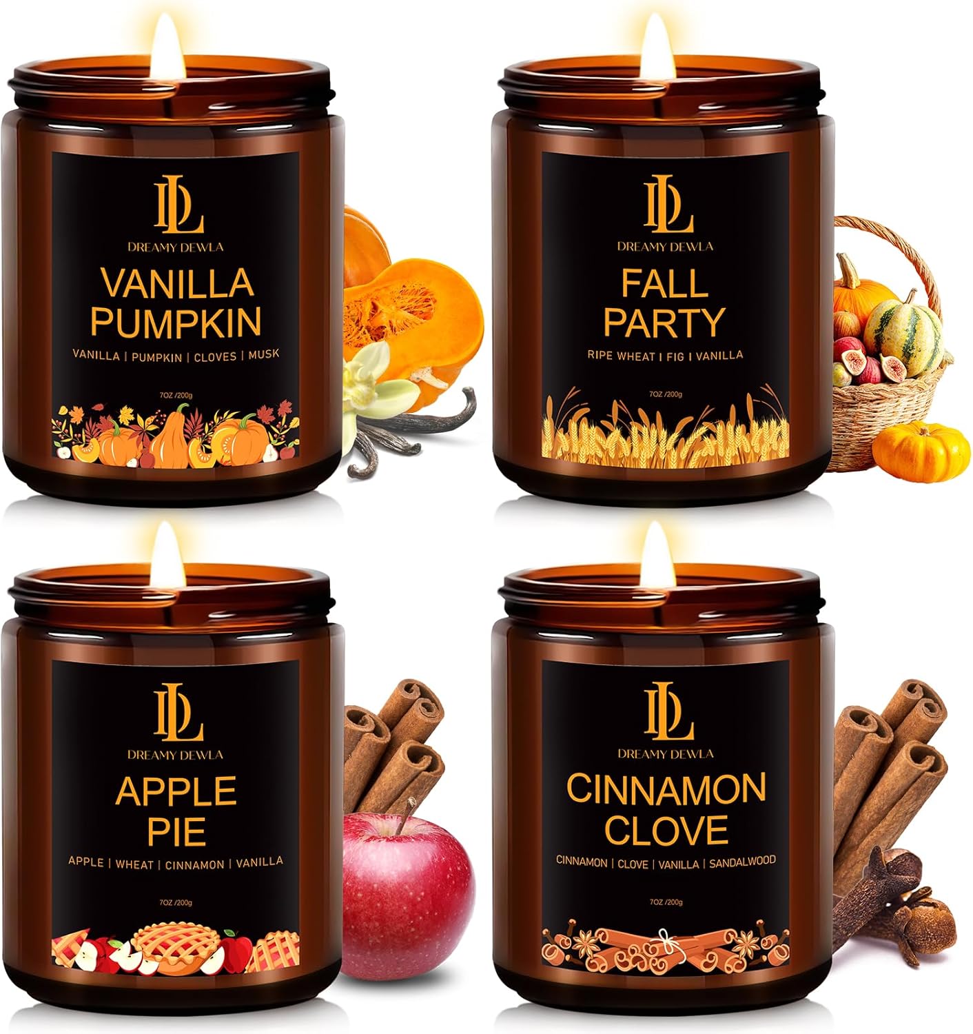 Fall Candle Set, Fall Scented Candles for Home, 4 Pack Soy Candle Set, Autumn Gifts for Women Men, Autumn Scents of Vanilla Pumpkin/Cinnamon Clove/Apple Pie/Fall Party