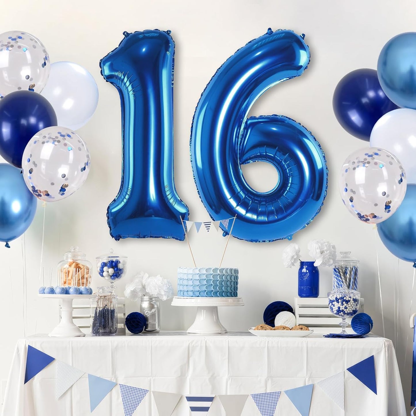 16 Balloon Number Blue, Big Number 16 Balloon Pastel Navy Dark Blue with Metallic Silver Confetti Balloon for Boys 16th Birthday, Foil 40'' Self Inflating Balloon 16 for Anniversary Party Decorations