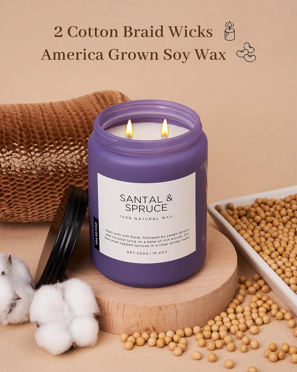 M&SENSE Santal Spruce Coconut Soy Candles for Home Scented, 19.4oz 110 Hour Slow Burning Large Candle Gift for Stress Relief, Meditation, Relaxing SPA, Best Smelling Christmas Gifts