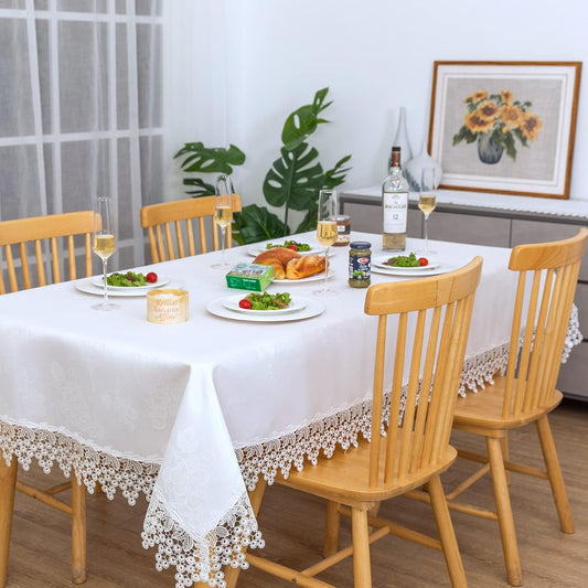 White lace Premium Rectangle Farmhouse Tablecloth Waterproof OilProof SpillProof AntiShrink Soft Wrinkle Resistant Decorative Fabric Table Cover Kitchen Dinning Party Wedding Banquet