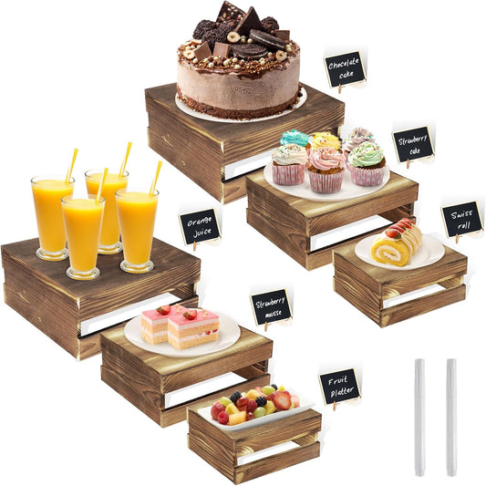 6 Pcs Buffet Risers with Mini Signs, Rustic Wood Cake Stands, Food Risers for Buffet Table, Dessert Display Stand, Wood Crates, Rustic Cake Stand for Party, Wedding, Birthday, Baby Shower, 3 Sizes