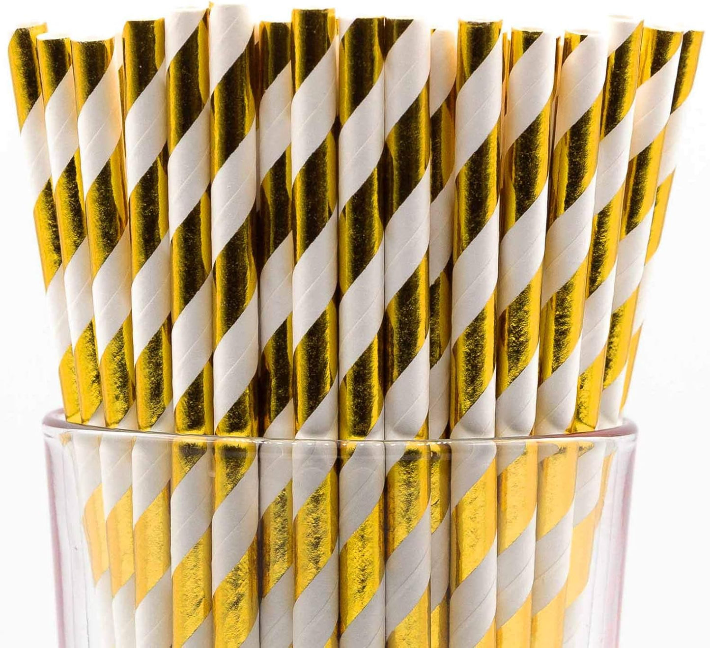 Pack of 150 Gold Foil Swirls Biodegradable 4-Ply Paper Drinking Straws (Compostable, Non-toxic, BPA-free)