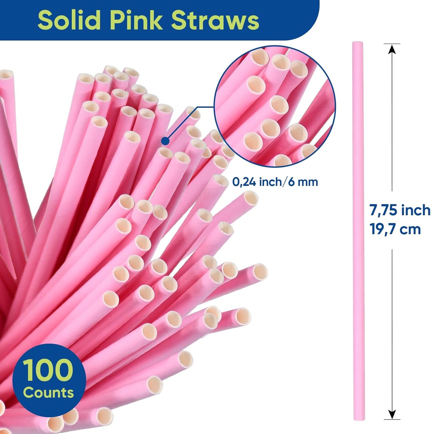 Solid Pink Disposable Paper Drinking Straws 7.75 inch 100 Counts - for Party, Cocktails, Cake Pops, Bars, Restaurants