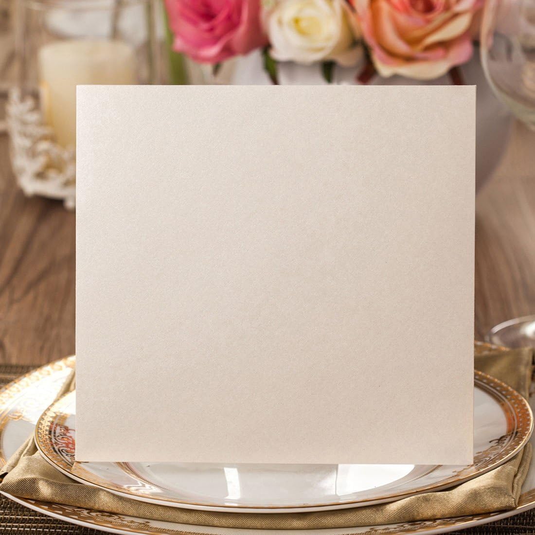 Hosmsua 50PCS Ivory Laser Cut Wedding Invitation Cards with Envelopes 6.3 x 6.3 Inch Hollow Rose Invitations for Wedding Bridal Shower Invite (Ivory, Blank)