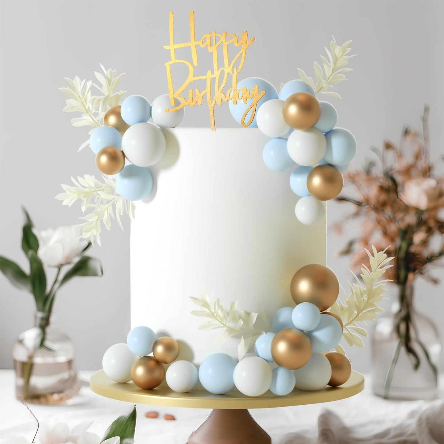 MIAHART Ball Cake Toppers Boho Grass Cake Topper Ball Cake Insert Decoration for Birthday Wedding Baby Shower Party Decorations Boho Themed Party Supplies (gold，light blue，white)
