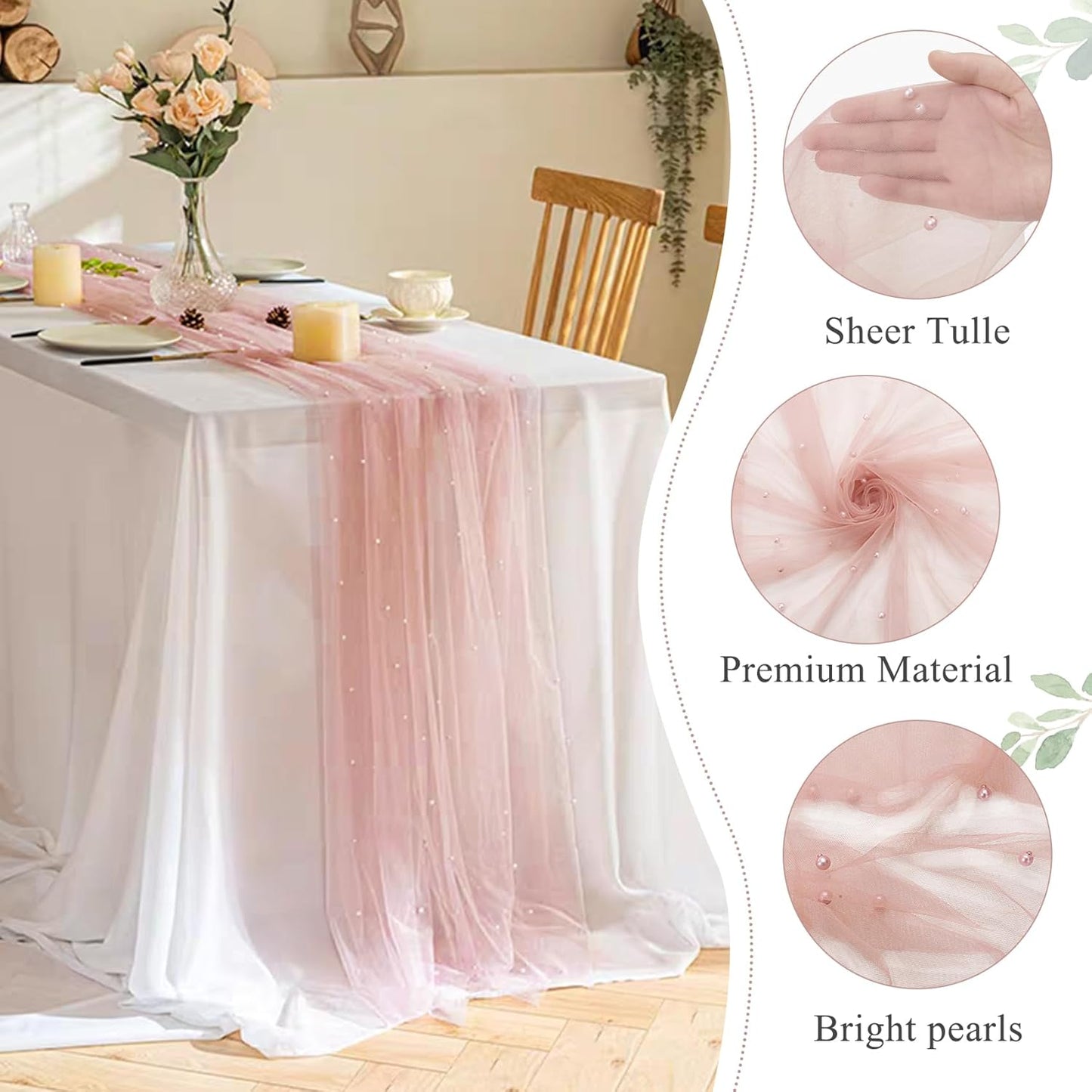 Set of 6 Pearl Table Runner 29 x 120 Inch Dusty Pink Tulle Fabric Lace Table Runners Boho Rustic Table Runners for Bridal Shower Birthday Party Wedding Arch Aisle Veil Dessert Table Decor(Dusty Pink)