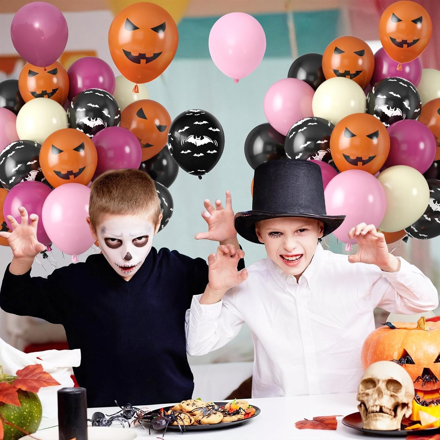 Halloween Party Balloons, Black Hot Pink Orange Balloons, Retro Peach Red Pastel Pink Balloon Black Bat Orange Pumpkin Printed Balloon for Halloween Birthday Baby Shower Home Garden Party Decoration