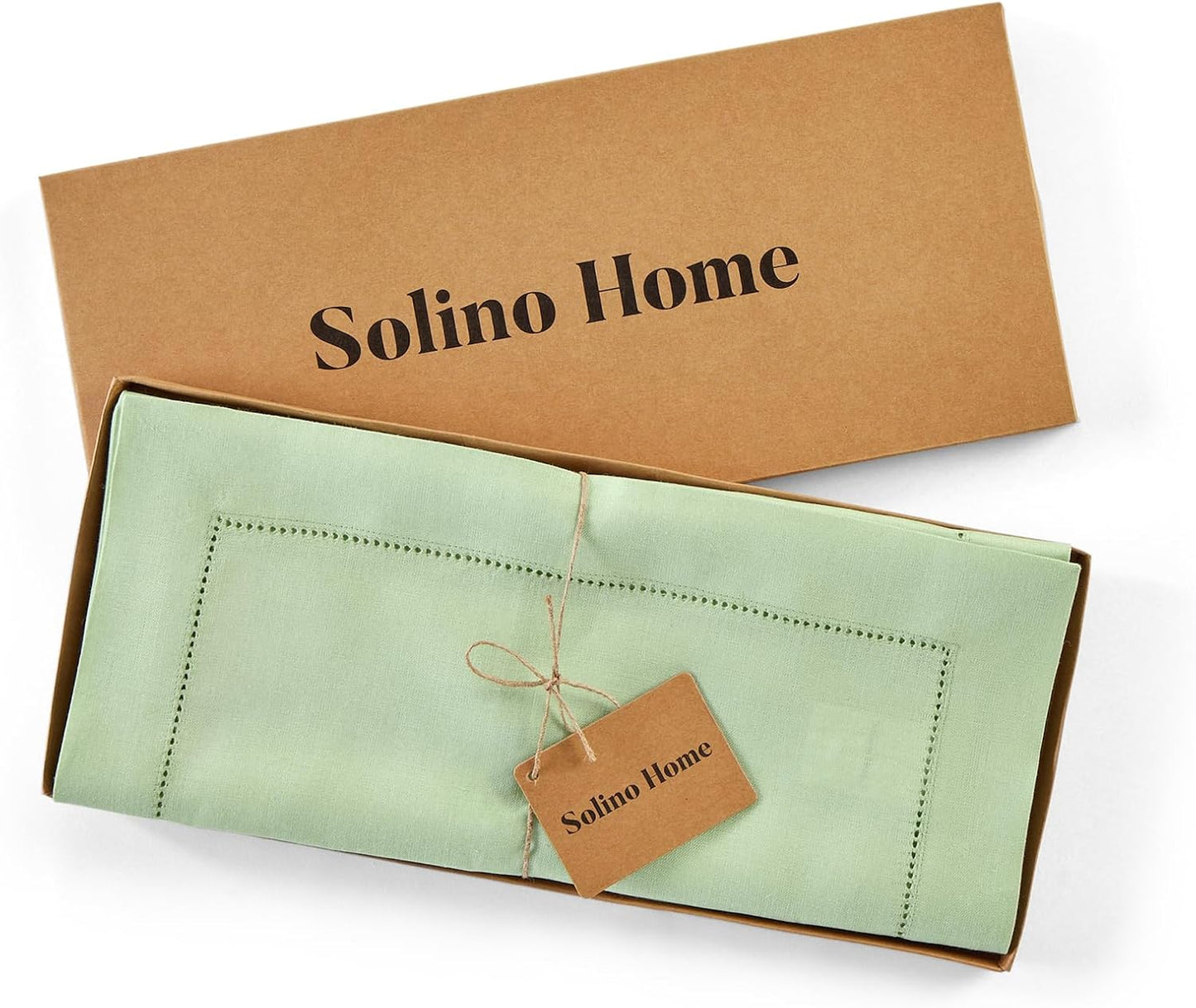 Solino Home Linen Table Runner 120 Inches Long - 100% Pure Linen Light Green Table Runner 14 x 120 Inch - Classic Hemstitch