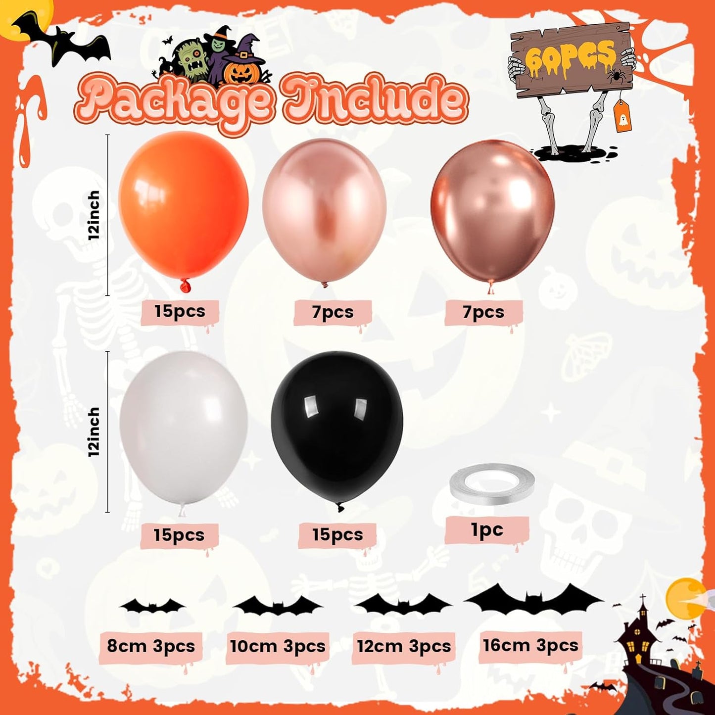 Halloween Balloons, 60PCS Black Orange Balloons, Black Orange White Rose Gold Balloon with 4 Different Sizes 3D bats Stickers for Halloween Masquerade Haunted House Themed Birthday Party Decorations