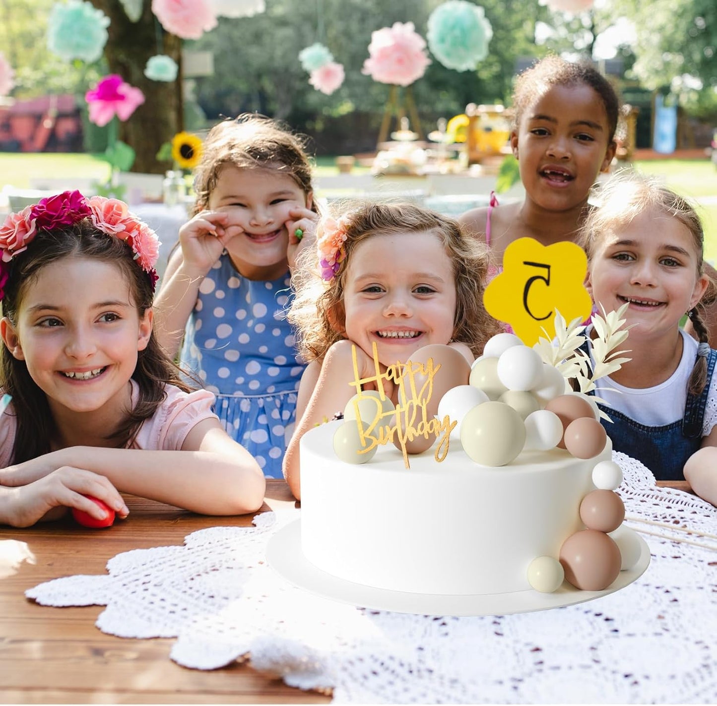 MIAHART Ball Cake Toppers Boho Grass Cake Topper Ball Cake Insert Decoration for Birthday Wedding Baby Shower Party Decorations Boho Themed Party Supplies (Khaki，white，ivory white)