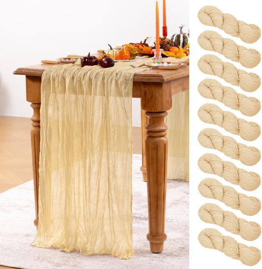 Champagne Gold Cheesecloth Table Runner 10 Pack Fall Table Runners Boho Gauze 120 Inches Champagne Cheese Cloth Fall Table Decorations for Thanksgiving Wedding Bridal Baby Shower Parties