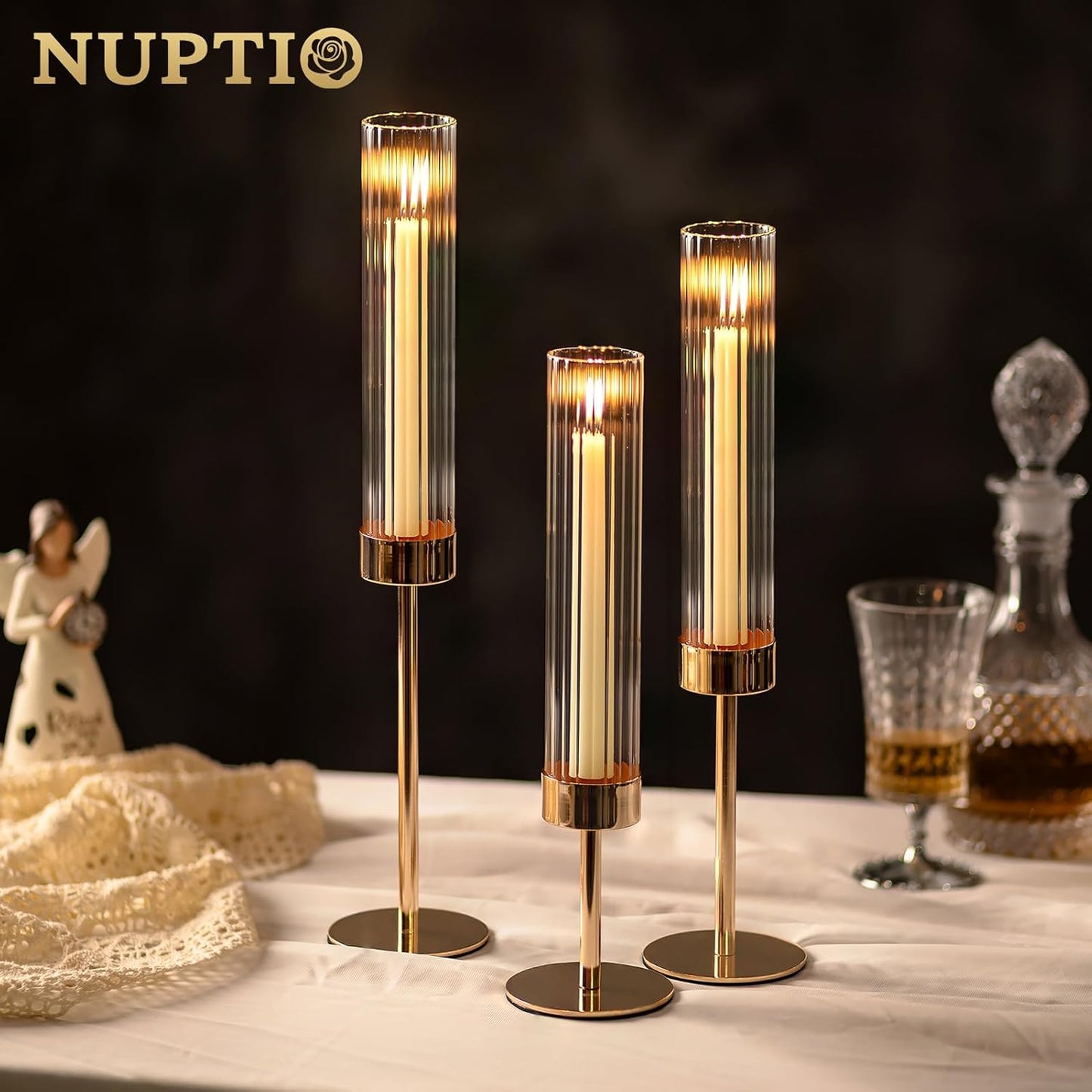 NUPTIO Hurricane Candle Holder for Centerpiece: Set of 6 Tall Candle Stick Holder with Ribbed Glass Cover - Bulk Fluted Taper Candlestick Decor for Living Room Thanksgiving Christmas
