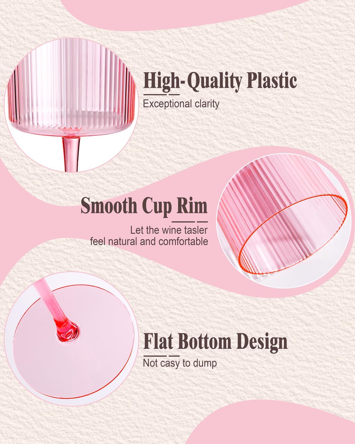 Ciaell 12 PCS Pink Plastic Ribbed Wine Glasses - 10 OZ Plastic Square Wine Glasses with Stem - Disposable Champagne Cups for Parties & Weddings & Party