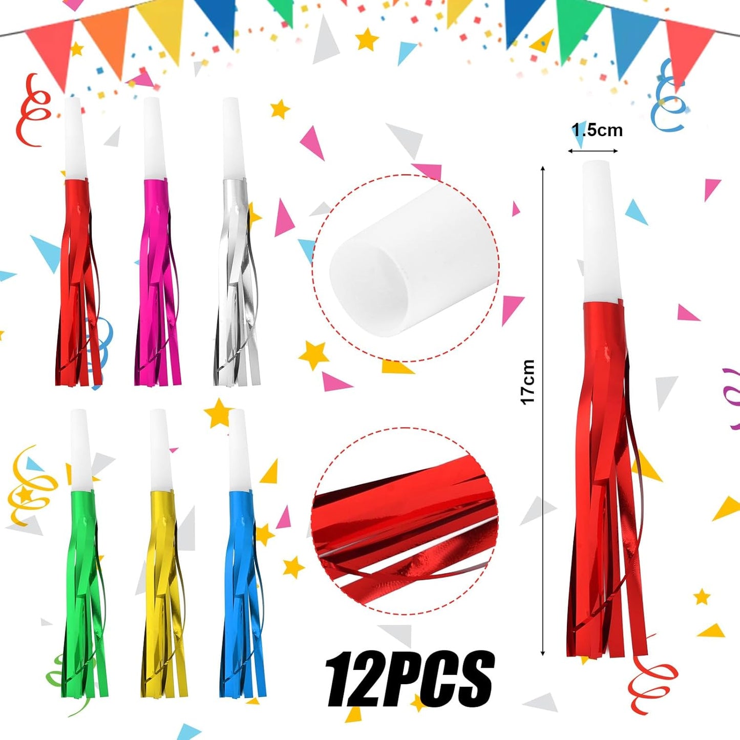 12pcs Glitter Fringed Party Blowers, Colorful Birthday Blow Horns Funny Noise Makers Party Favors Squawker Blowouts for Birthday New Years Graduation