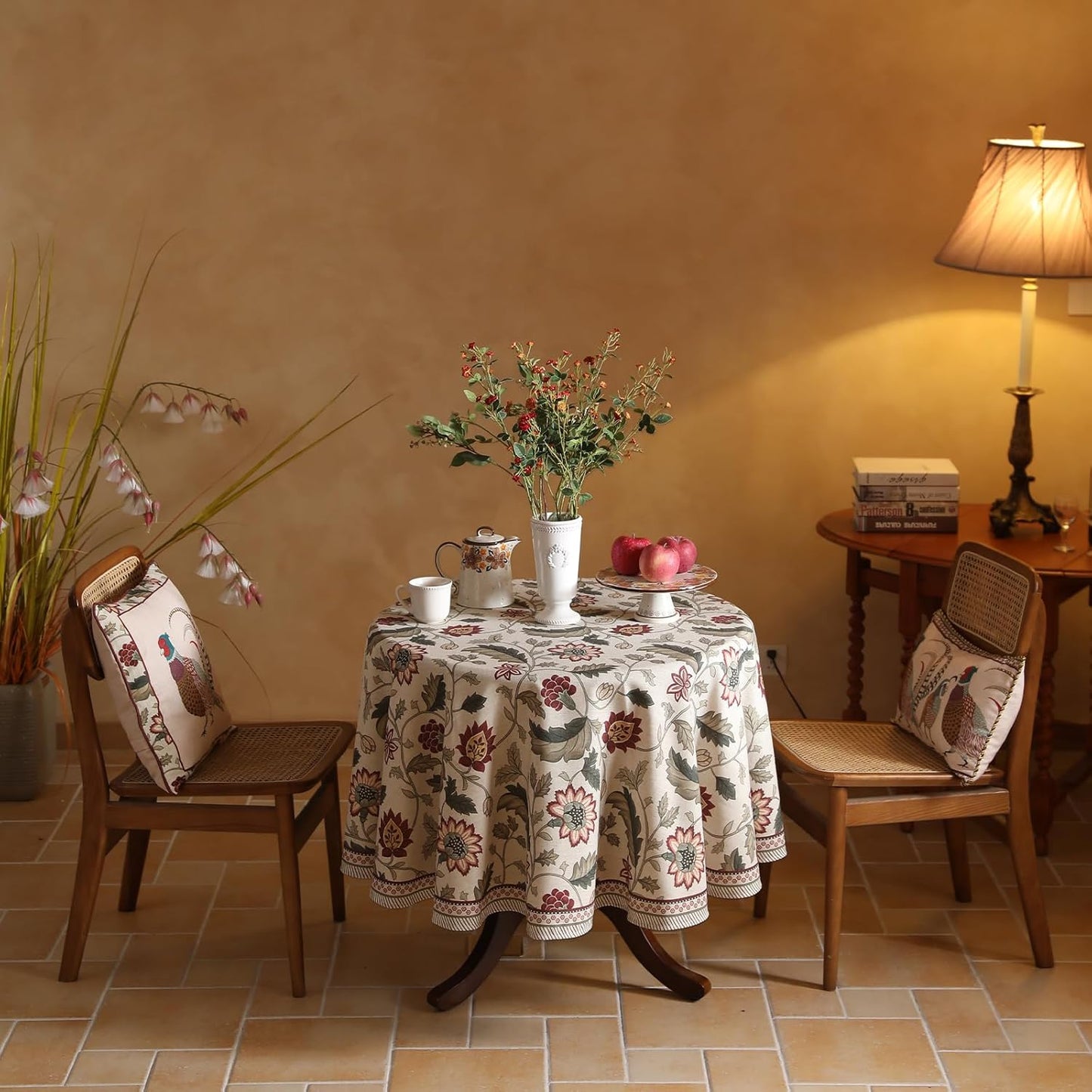 ISAENNE Designer Provence Floral Small Round Tablecloth,Linen Colorful Washable Indoor Table Cloth,Durable Home Decor Tablecloths for Dining Thanksgiving Kitchen Christmas,Diameter 55"-Ratina