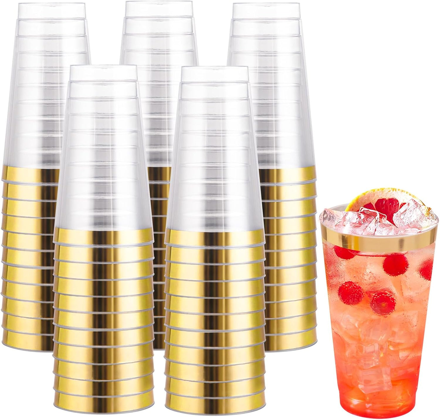 I00000 16 oz Gold Plastic Cups, 100 Pack Clear Plastic Cups Tumblers Gold Rimmed Cup, Heavy-duty Disposable Cup Perfect for Halloween, Thanksgiving and Christmas Parties