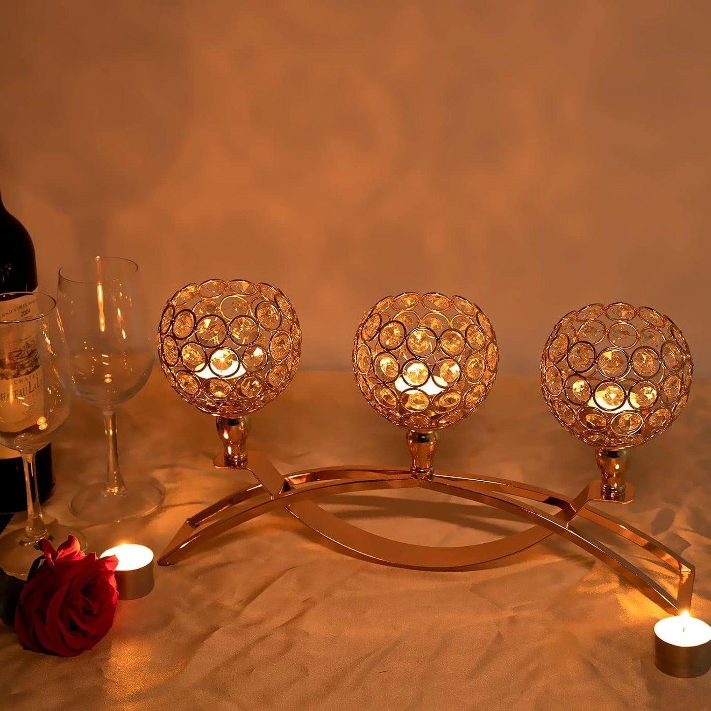 VINCIGANT 4Pcs Christmas Table Decoration Gold Bulk Decorative Tealight Candle Holder for Wedding,3-Candle Candelabras for Christmas Party Dinning Room Table Centerpiece,Gift Boxed for Thanksgiving