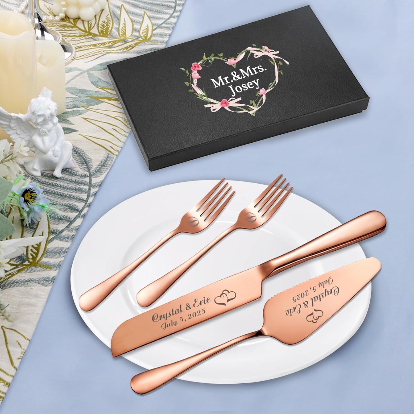 Personalized Wedding Cake Knife and Server Set, Custom Names Cake Cutting Set with Stainless Steel Forks, Customized Bridal Anniversary Birthday Wedding Registry Gifts for Couple (Rose Gold)