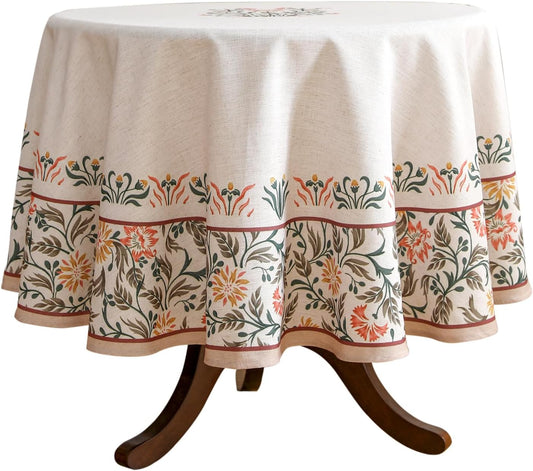 ISAENNE Floral Tablecloth for Round Tables,Linen Table Cloth with Double-Edged Lily Pattern,Heavy Durable Table Cover for Dining Thanksgiving Kitchen Decor Party Christmas,Diameter 55"
