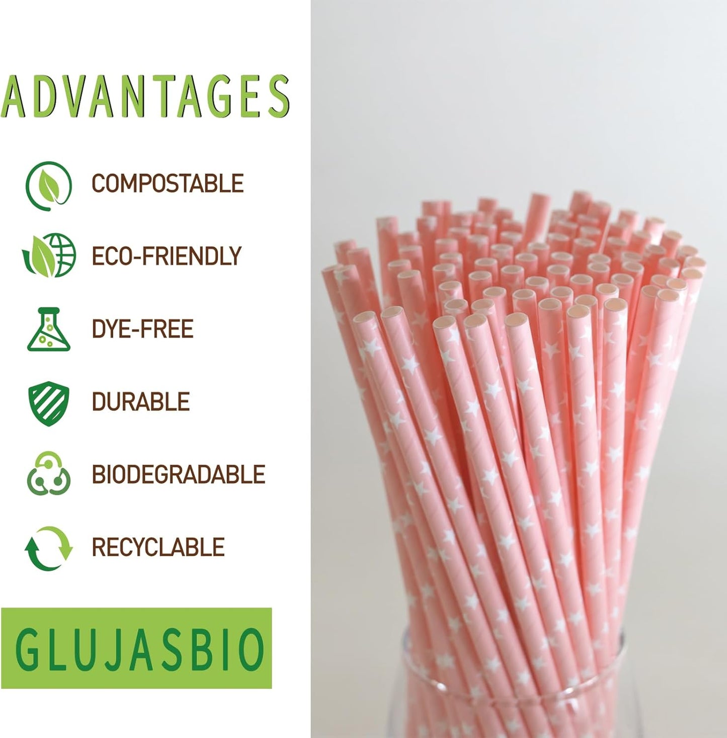 Pink Straws Disposable Biodegradable Star Paper Straws for Cocktail, Coffee, Juice, Lemonade, 100 Pack, 7.75" x 0.24"