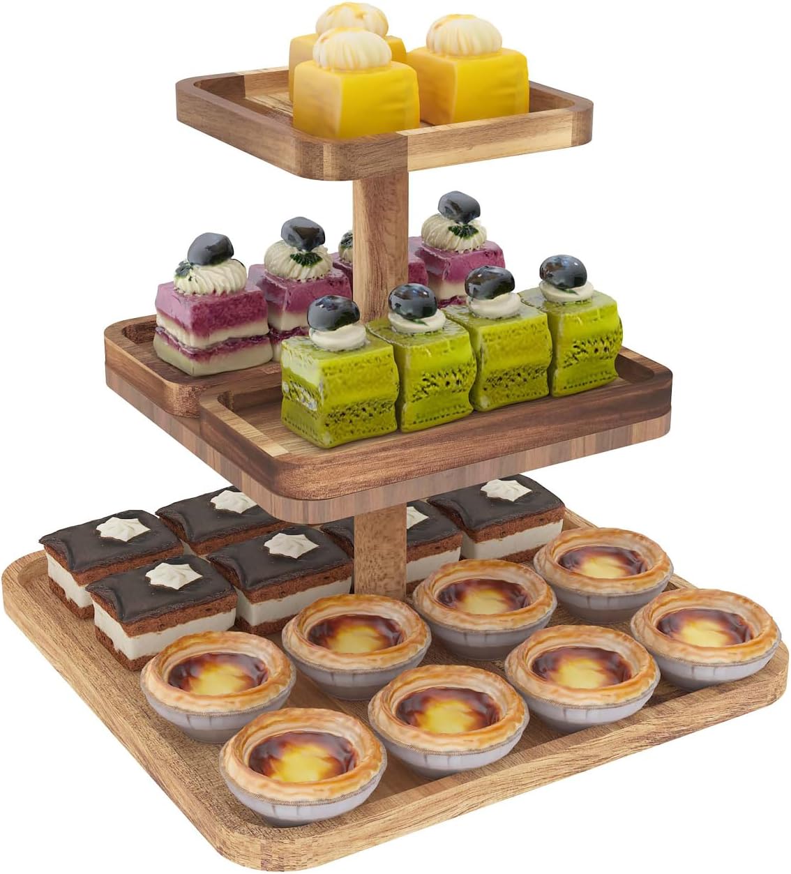 Acacia Wood 3 Tier Cupcake Stand with 2 Removable Snack Tray, Rustic Square Cup Cake Tower Stand for 25 Cupcakes, Display Cakestand for Wedding, Birthday, Serving Tea Party, Natural