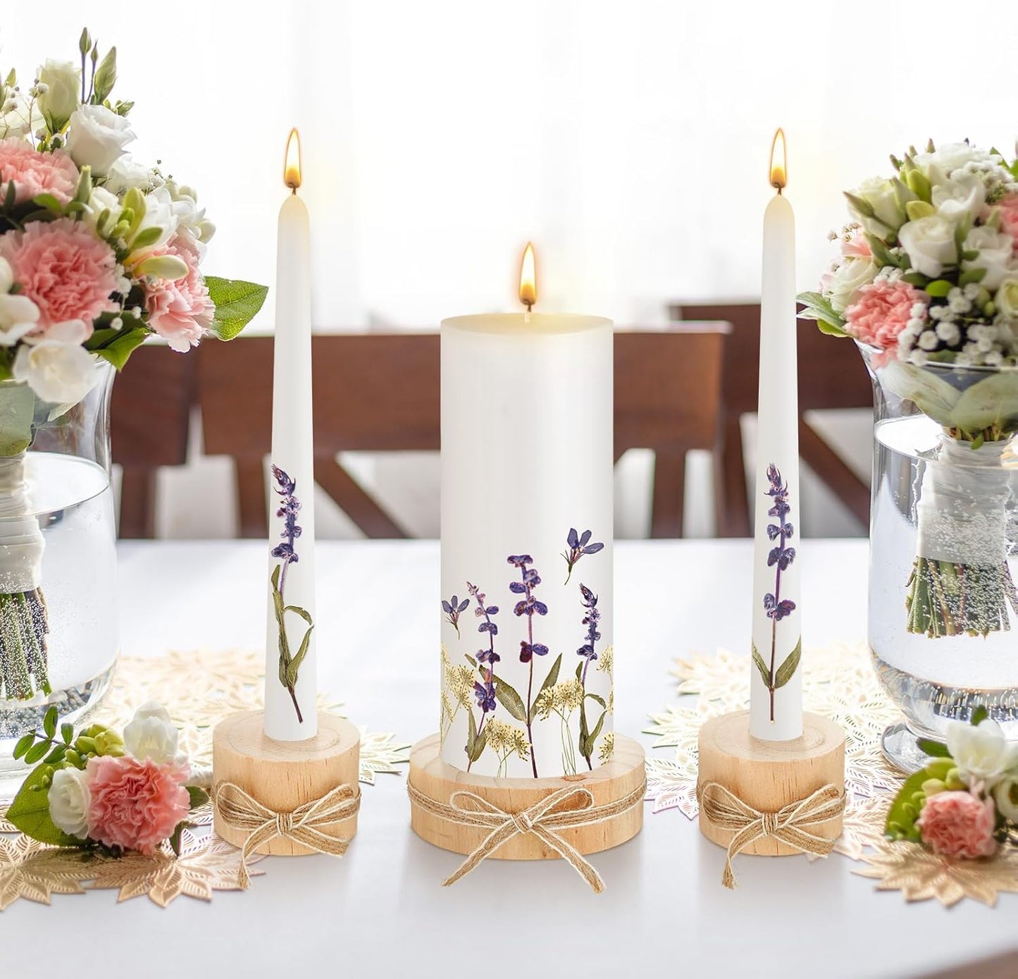 Irenare Unity Candles with Holder for Wedding Ceremony Wedding Decortions Accessories Glass Candle Holder Pillar Candle for Formal Events Church(Flower)
