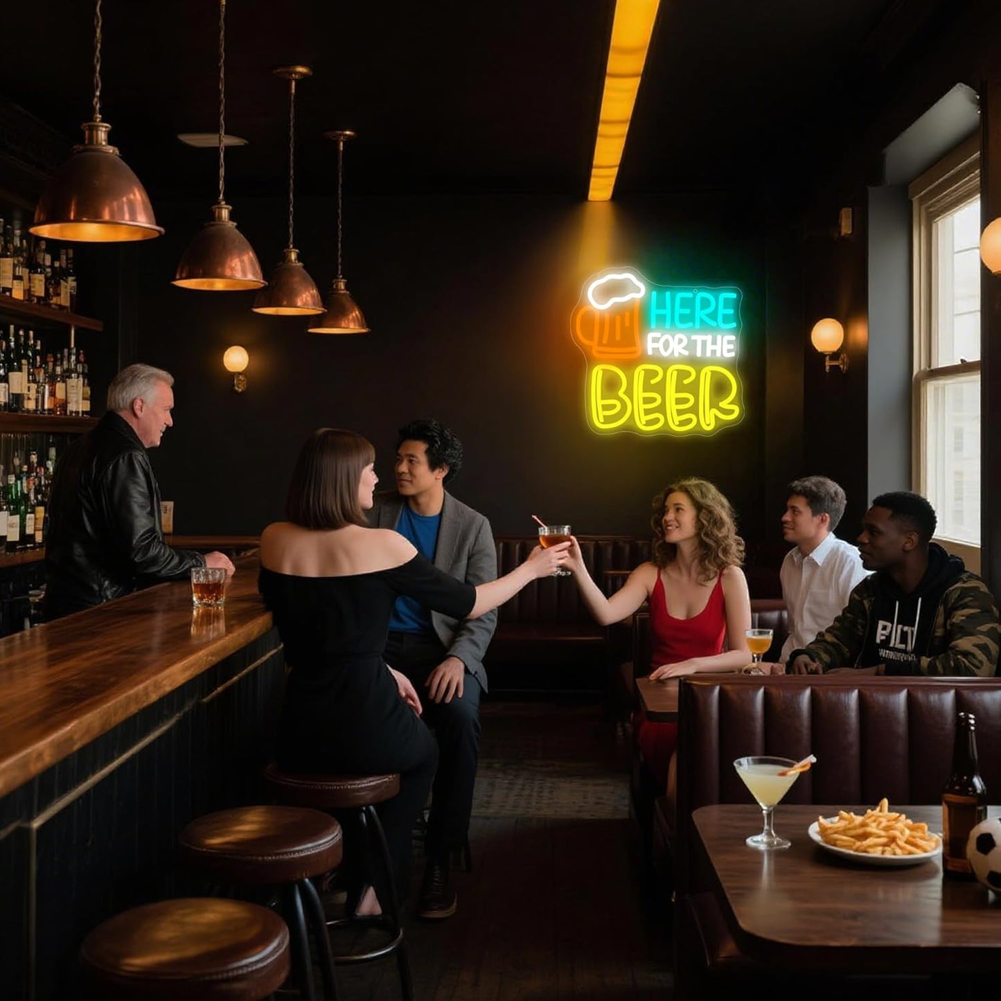 Here for The Beer Neon Sign for Wall Decor Beer Neon Light for Man Cave Dimmable LED Light Bar Pub Party Restaurant Christmas Birthday Gift Art Size 12.1 * 11.8In (WZCP163)