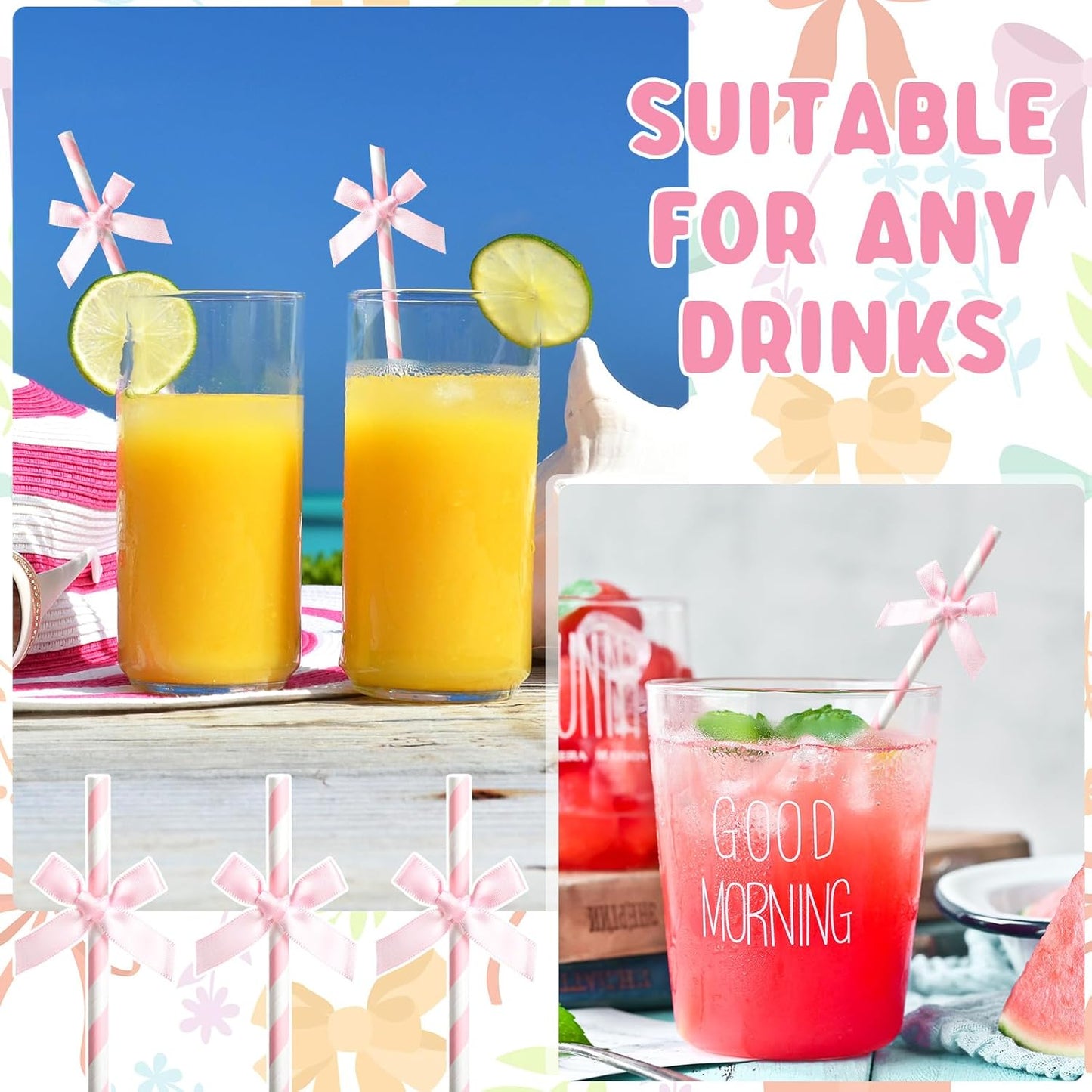 50 Pcs Pink Paper Straws for Drinking, Bow Disposable Striped Paper Straws Bulk Pink Theme Birthday Party Supplies for Wedding Cake Decorations Bachelorette Baby Shower